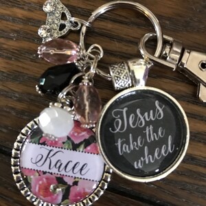 JESUS take the wheel PERSONALIZED watercolor ROSES keychain, Custom name initial monogram necklace, Sweet 16 gift, New driver key chain, car image 4