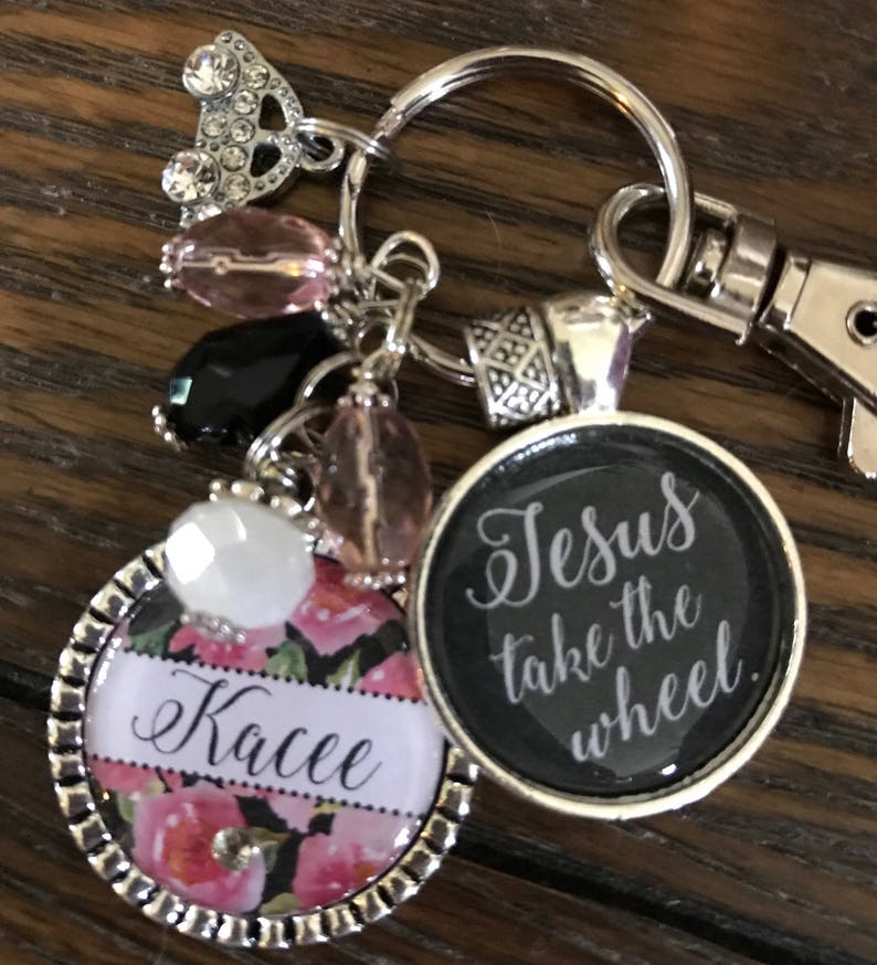 JESUS take the wheel PERSONALIZED watercolor ROSES keychain, Custom name initial monogram necklace, Sweet 16 gift, New driver key chain, car image 4