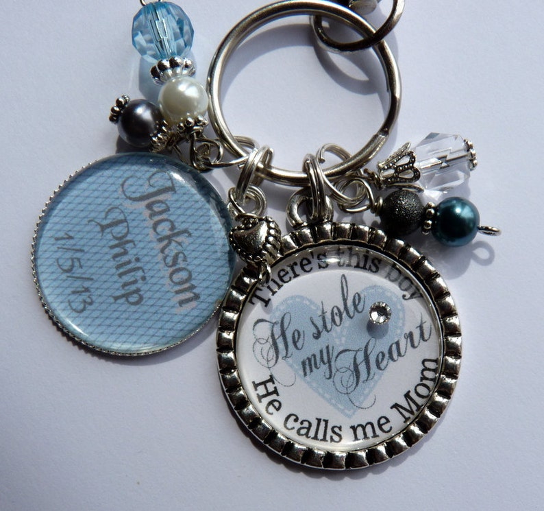 There's this boy he stole my heart he calls me mom gift keychain, New mom blue baby boy baby shower new parent beautiful quote boys teal image 5