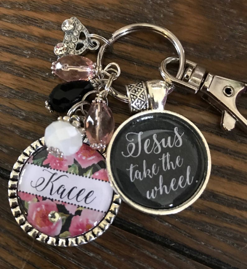 JESUS take the wheel PERSONALIZED watercolor ROSES keychain, Custom name initial monogram necklace, Sweet 16 gift, New driver key chain, car image 1