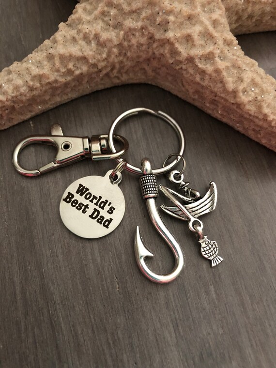 Dad Fish Hook Keychain - "Hooked On You Dad" Father's Day Or Birthday Gift With Little Fish Charm