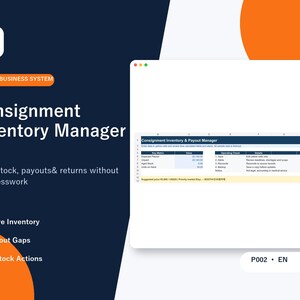 May include: A digital spreadsheet interface titled Consignment Inventory Manager featuring columns for Key Metric, Value, Operating Check, and Details. The dark blue and orange graphic includes text labels for Store Inventory, Payout Gaps, and Restock Actions.