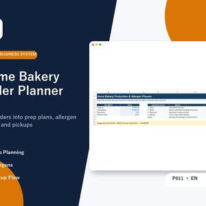 May include: A digital Home Bakery Order Planner Excel business system template. The interface displays a production and allergen planner with key metrics, operating checks, and data entry fields. The layout features a dark blue and orange colour scheme.