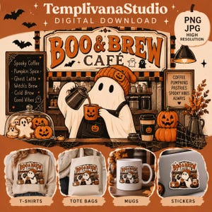 Boo & Brew Ghost Cafe PNG, Halloweenowy klipart z kawą, Straszny barista, Jesienna sublimacja JPG