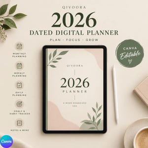 May include: A 2026 dated digital planner displayed on a tablet screen with a stylus. The cover features the text QIVOORA 2026 PLANNER A MORE ORGANIZED YOU, decorated with green leaf illustrations and soft pink abstract shapes on a beige background.