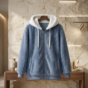 May include: A blue zip-up hoodie made of a fuzzy, textured fleece material. The garment features a contrasting white fleece-lined hood, long sleeves with ribbed cuffs, a full-length gold-toned zipper, and two front pockets with white drawstrings.