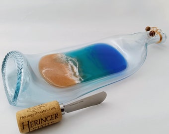 Ocean Wave Slumped Wine Bottle Cheese Board, Breaking Wave Resin Art Wine Bottle Tray, Recycled Wine Bottle Cheese Platter, Spoon Rest