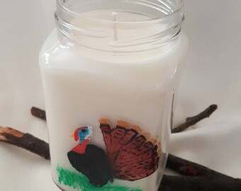 Thanksgiving Candle, Hand Painted Up-Cycled Glass, Natural Soy Candle, Handmade Candle, Hand Poured Soy Candle, Happy Thanksgiving candle