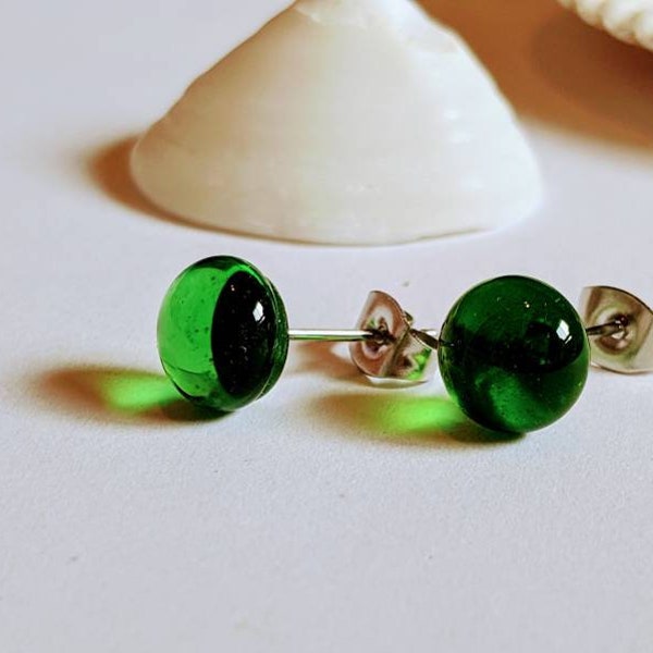 Recycled Jameson Small stud earrings, - Irish Whiskey green glass posts - stainless steel post and nut - Repurposed Glass Jewelry - buttons