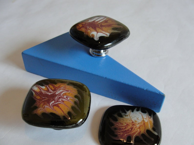 Recycled Glass Cabinet Knob with Swirled Enamels Glass Cabinet Knob with Glossy Fused Enamel Colors Fused Glass Drawer Pull