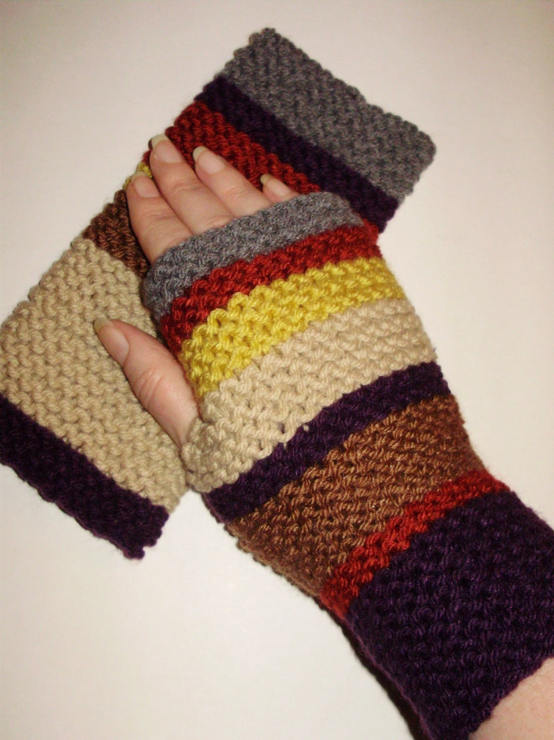 ACRYLIC Doctor Who Gloves Seasons 12-14 Hand Knit Fingerless Gloves Hand Warmers Wristlets 4th Doctor by Ashlee/'s Knits mitts texting