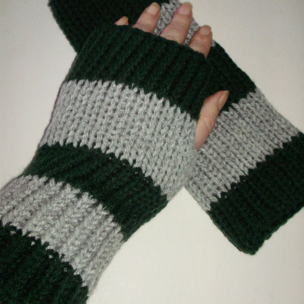 Ready2Ship*ACRYLIC Wizarding Cosplay House School Colors Handmade Fingerless Gloves Knit Green Silver/Grey/Gray Men Women