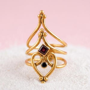 Brass Arthritis Splint Ring with Garnet, Dual Gemstone Joint Support Ring, Heart Crown Full Finger Ring, Functional Jewelry Gift for Her