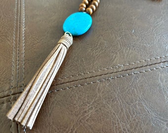 Turquoise and Wood Tassel Necklace