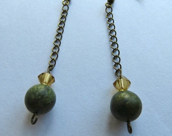 Drop Chain Earrings with Green Bead