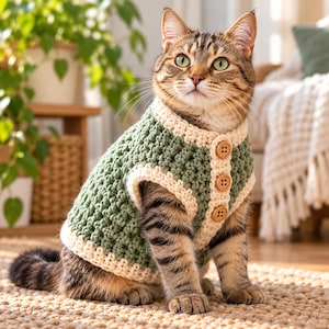 Pode incluir: Um gato malhado castanho veste um colete de croché verde sálvia com acabamento em creme e três botões redondos de madeira na frente. O colete apresenta um padrão de pontos texturizado e cobre o tronco, deixando as patas dianteiras e a cabeça expostas.