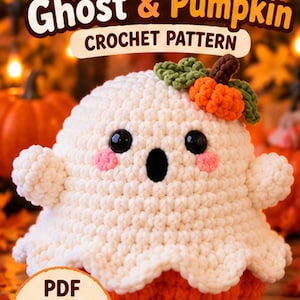 May include: A crochet pattern titled Halloween Surprise Ghost & Pumpkin featuring a white ghost plushie with black eyes, pink cheeks, and a small orange pumpkin on its head. The text reads Halloween Surprise Ghost & Pumpkin CROCHET PATTERN PDF PATTERN.