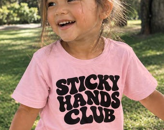Sticky Hands Club Toddler Tee, Retro Bubble Letter Shirt, Playdate Daycare Top (100% Cotton)