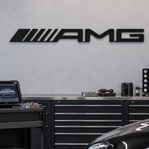 Mercedes AMG Art, Striped Logo Sign, Wide Metal Decor, Racing Lettering Style, Auto Enthusiast Gift, Sleek Auto Artwork, Performance Car Art