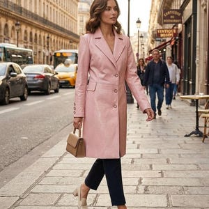 Women's Pink Croc Embossed Leather Coat, Blush Pink Crocodile Leather Trench, Long Tailored Overcoat, Statement Coat, Gift for Her