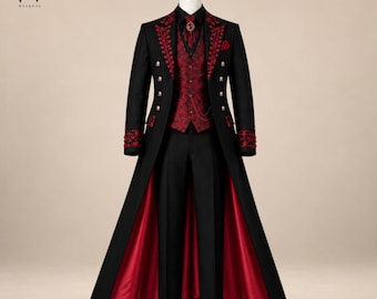 Mens Gothic Wedding Suit Black Red, Victorian Embroidered Tailcoat, Vampire Groom Tuxedo, Steampunk 3 Piece Halloween Outfit