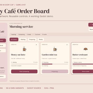 May include: A digital user interface kit titled Cozy Café Order Board featuring a sidebar with navigation buttons and a main area displaying order cards for items like a honey oat latte, garden mint tea, and butter croissant with status bars.