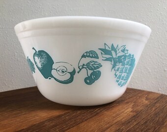 Vintage Federal Milk Glass Fruit Fare Turquoise Aqua Pattern Oven Ware Mixing Bowl set of 4