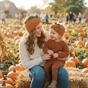 May include: Two matching orange knit headbands featuring a small green crocheted pumpkin stem and leaf detail on the side. The headbands have a ribbed texture and a twisted knot design at the front, crafted from a soft yarn material.