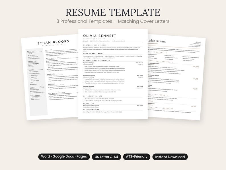 Simple ATS Resume Template for Word & Google Docs, Professional CV ...
