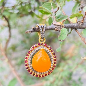 Orange Opal Teardrop Pendant,925 Sterling Silver Gold Plated, Diamond Ruby Halo Charm