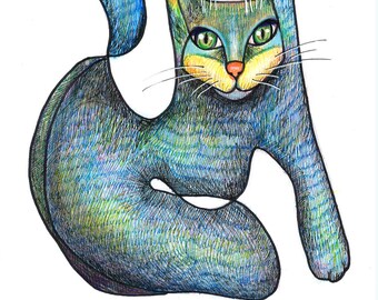 Cópia digital. Café dos Gatos. Gato Azul. Desenho à mão livre, arte de parede com gato. Abstrato, Cubismo. Cópia digital de desenho à mão em técnica mista. Gato surreal.