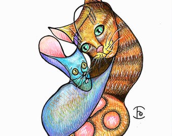 Cópia digital da arte "Cat Cafe Cat and Mice". Desenho à mão livre, arte de parede com gato. Arte abstrata de gato. Desenho à mão. Surreal. Melhores amigos.