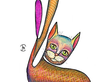 Impressão digital. Café de gatos. Gato alegre. Estilo livre, desenho de contorno, cubista. Ilustração elegante, gatos fofos, desenho e coloração à mão. Abstrato
