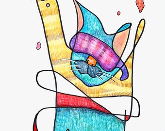 Arte original. Café de Gatos. Gato de Óculos. Estilo livre, desenho de contorno, arte felina cubista. Arte original - técnica mista, desenho/coloração à mão. Ilustração.