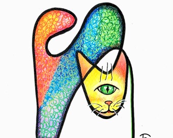 Cópia digital da arte "Gato Arco-Íris do Cat Cafe" em estilo livre, desenho de contorno, cubista, ilustração elegante, técnica mista, desenho e coloração à mão.