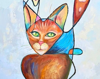 Pintura original em acrílico, Gatos abstratos em tela de 60x90 cm. Arte emotiva, retrato de gato, arte felina, gatinhos, pintura de gato. Movimento de linha única