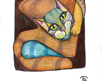 Arte original.Café dos Gatos.Gato na Caixa. Desenho de contorno em estilo livre, arte felina. Ilustração original em técnica mista, desenho à mão e coloração.