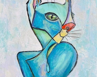 Pintura original em acrílico, Gatos abstratos em tela 16x20. Arte emotiva, retrato de gato, arte felina, gatinhos, pintura de gato. Movimento de linha única