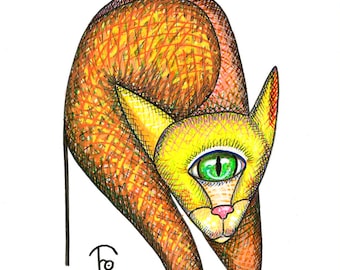 Impressão digital. Café de gatos. Gato laranja. Estilo livre, desenho de contorno, arte felino cubista. Ilustração elegante, gatos fofos, desenho e coloração à mão.