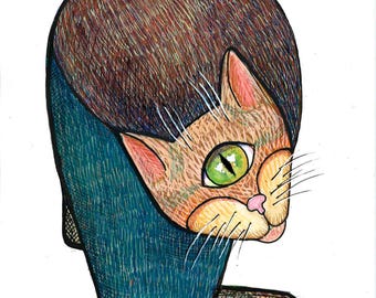 Arte original.Café dos Gatos. Gato Curioso. Desenho à mão livre, Arte de parede com gato. Abstrato, Cubismo. Ilustração original de gato em técnica mista, desenho à mão.