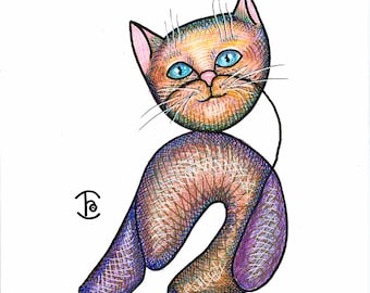 Arte original. Café de Gatos. Gato Bonito. Estilo livre, desenho de contorno, arte felino cubista. Ilustração elegante, técnica mista, desenho e coloração à mão.