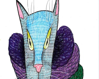 Arte original. Café de Gatos. Gato Rabugento. Desenho à mão livre, arte de parede com gato. Abstrato, Cubismo. Arte original de gato, técnica mista, desenho à mão. Gato surreal.