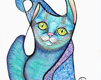 Impressão digital de um café com gatos. Gatinho azul. Desenho à mão livre. Abstrato, cubismo, técnica mista irrepetível, desenho à mão. Gato surreal. Ilustração.