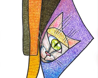 Arte original. Café dos Gatos. Estilo livre, desenho de contorno, arte cubista de gato. Gato de um olho só. Abstrato, técnica mista, desenho à mão. Gato. Arte contemporânea.