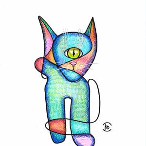 May include: A whimsical, colorful cat illustration. The cat is primarily blue and green, with accents of pink, orange, and yellow. It has a large, green eye and a long, black tail that loops around its legs. The artwork is on a white background.