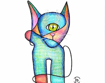 Arte original. Café dos Gatos. Gato Dançante. Desenho à mão livre. Abstrato, Cubismo, técnica mista irrepetível, desenho à mão. Gato Surreal. Ilustração.