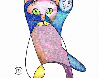 Impressão digital. Café de gatos. Lilly. Estilo livre, desenho de contorno, arte felina cubista. Ilustração elegante, técnica mista, desenho e coloração à mão.