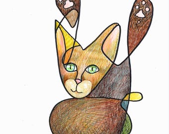 Arquivo digital da arte original do Cat Cafe. Gato feliz. Estilo livre, desenho de contorno, arte divertida de gato. Ilustração de gato, desenho à mão e coloração. Gato fofo.