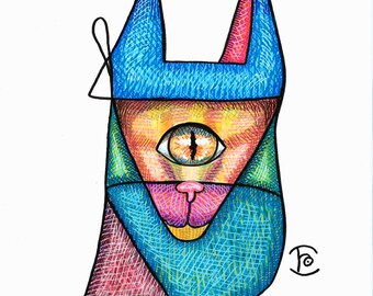 Arte original. Café dos Gatos. Gato Guerreiro. Desenho à mão livre. Abstrato, Cubismo, técnica mista irrepetível, desenho à mão. Gato Surreal. Ilustração.