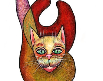 Impressão digital. Café de gatos. Gato vermelho. Estilo livre, desenho de contorno, cubista. Ilustração elegante, gatos fofos, desenho e coloração à mão. Abstrato